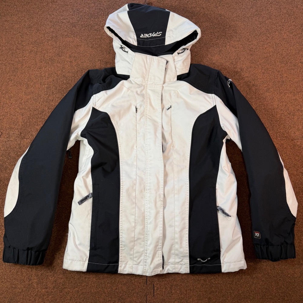 A- ski Spyder XT Womens Ski Jacket Black White Colorblock Hooded Winter Coat